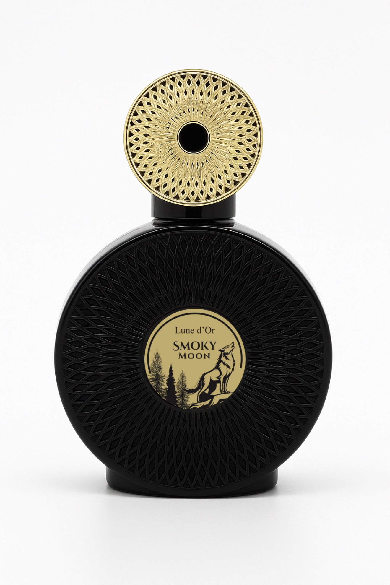 Black perfume bottle with gold cap and label on a white background
